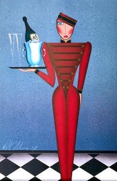 ROOMS SERVICE Litografia firmata 1983, Ritratto di cameriere d'albergo in stile Art Deco, Champagne