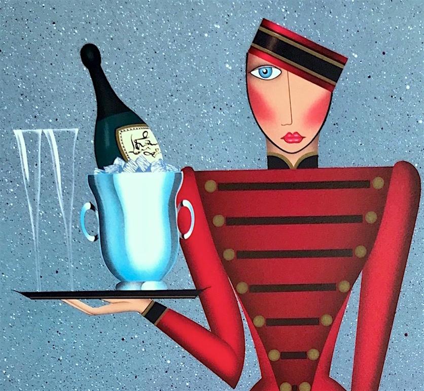 ROOM SERVICE Signed Lithograph, Hotel Bellhop Portrait, Champagne Bottle, Flutes - Print by Robin Morris