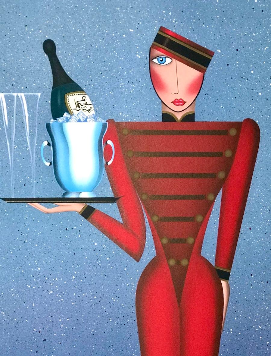 ROOM SERVICE Signed Lithograph, Hotel Bellhop Portrait, Champagne Bottle, Flutes - Art Deco Print by Robin Morris