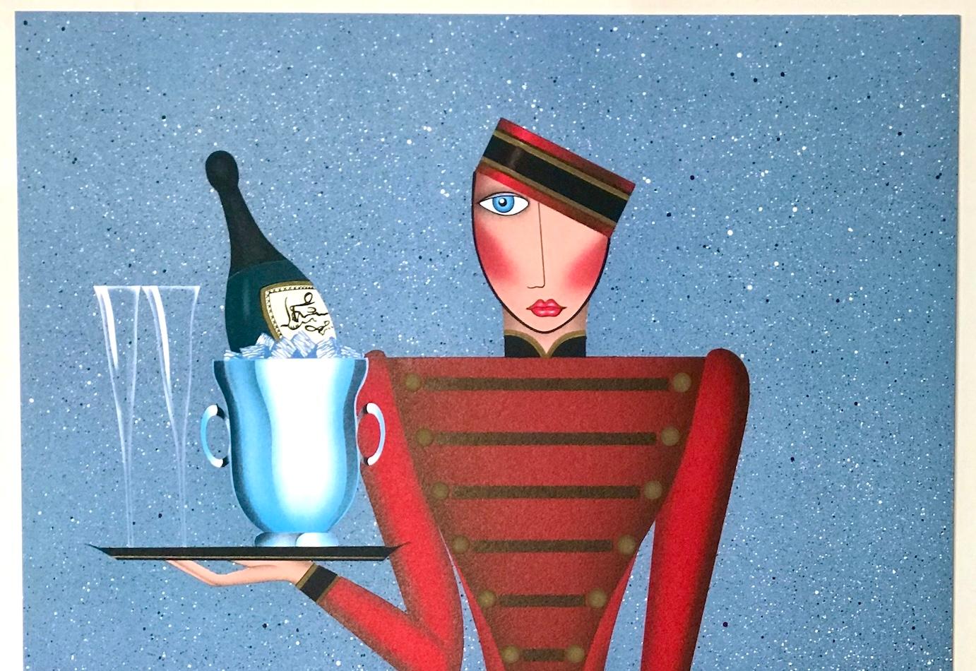 ROOM SERVICE Signed Lithograph, Hotel Bellhop Portrait, Champagne Bottle, Flutes - Blue Interior Print by Robin Morris