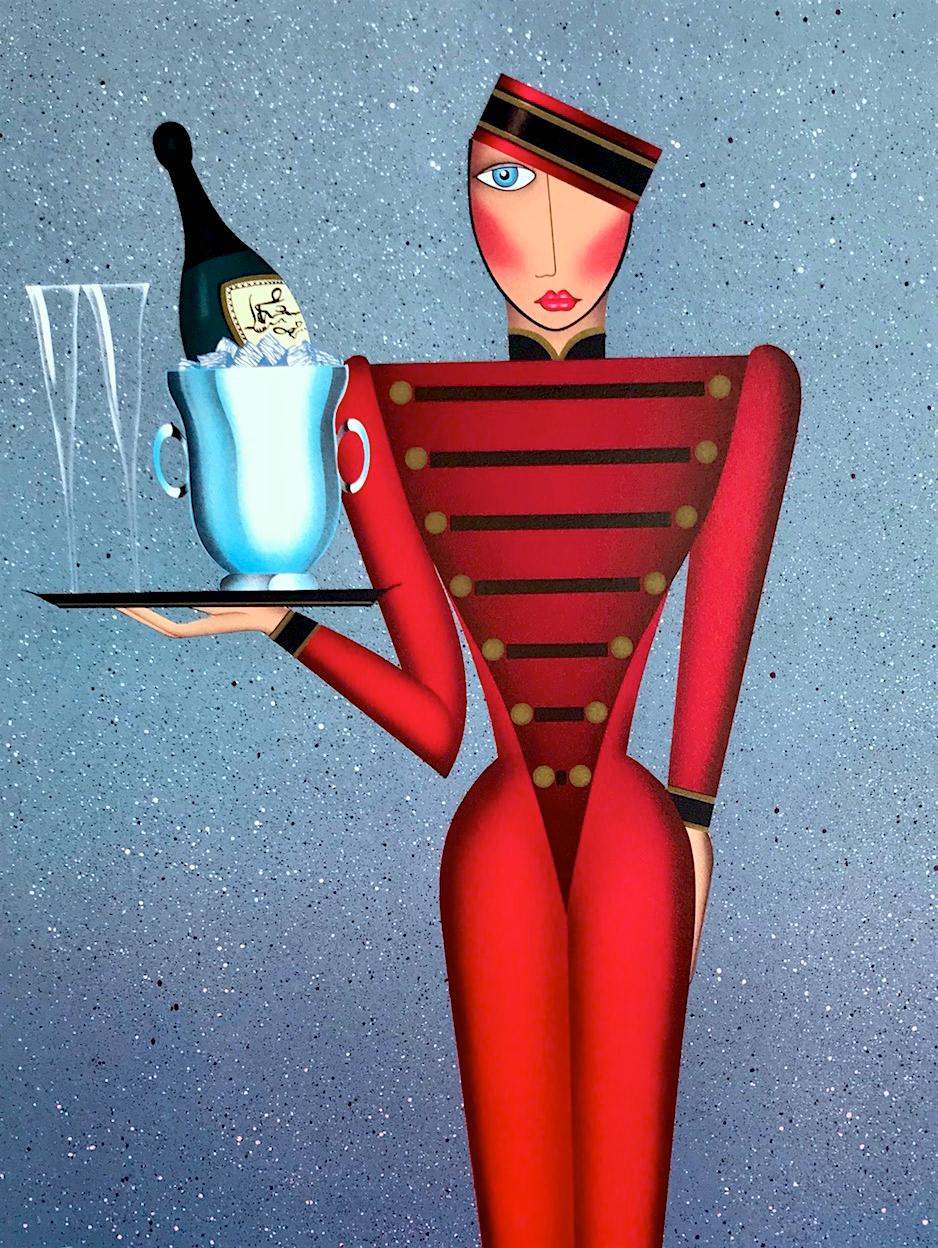 ROOM SERVICE by the woman artist Robin Morris, is an original limited edition lithograph printed using hand lithography techniques on archival Coventry Rag paper, 100% acid free. ROOM SERVICE depicts a fully uniformed hotel bellhop carrying a
