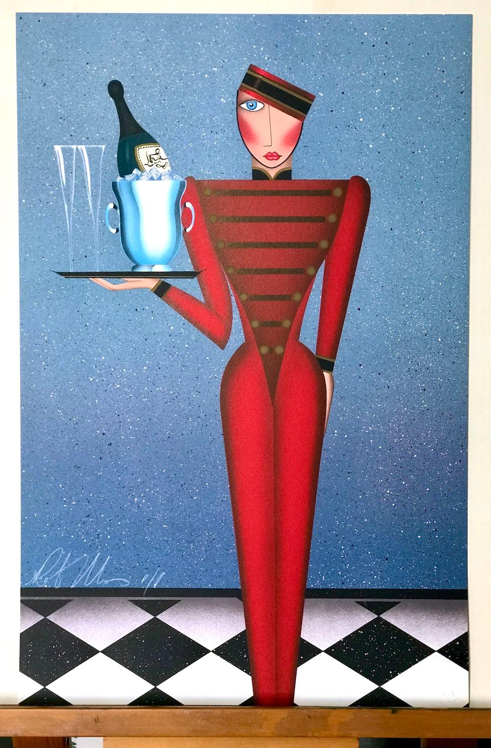 ROOM SERVICE Signed Lithograph, Hotel Bellhop Portrait, Champagne Bottle, Flutes For Sale 4
