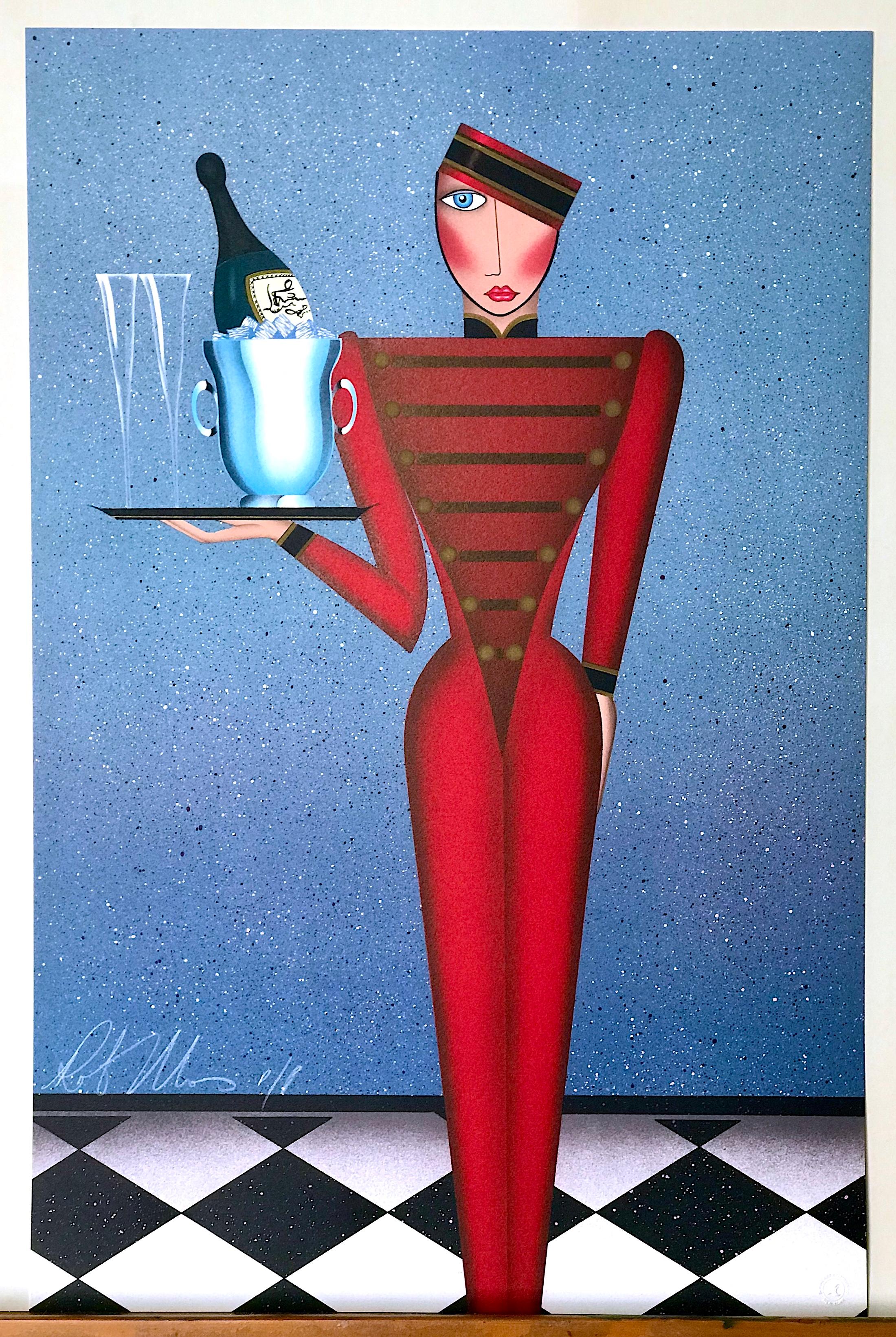 ROOM SERVICE Signierte Lithographie, Hotel Bellhop-Porträt, Champagnerflasche, Flöten im Angebot 4