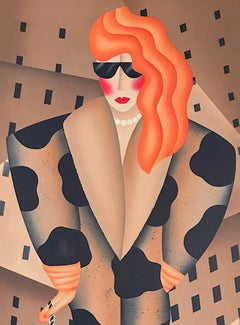 SLAVE TO FASHION, Signed Lithograph, City Woman Walking Dog, Animal Print Coat
