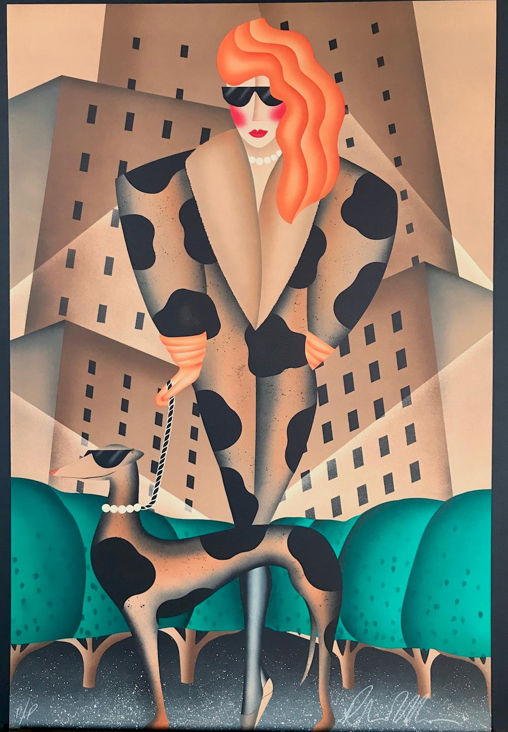 SLAVE TO FASHION, Signed Lithograph, City Woman Walking Dog, Animal Print Coat For Sale 3