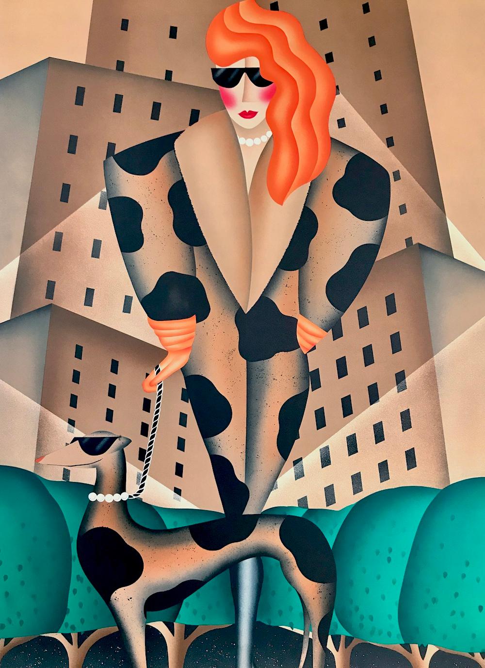 Animal Print de Robin Morris - ESCLAVA DE LA MODA, Litografía firmada, Mujer de ciudad paseando al perro, Abrigo con estampado animal