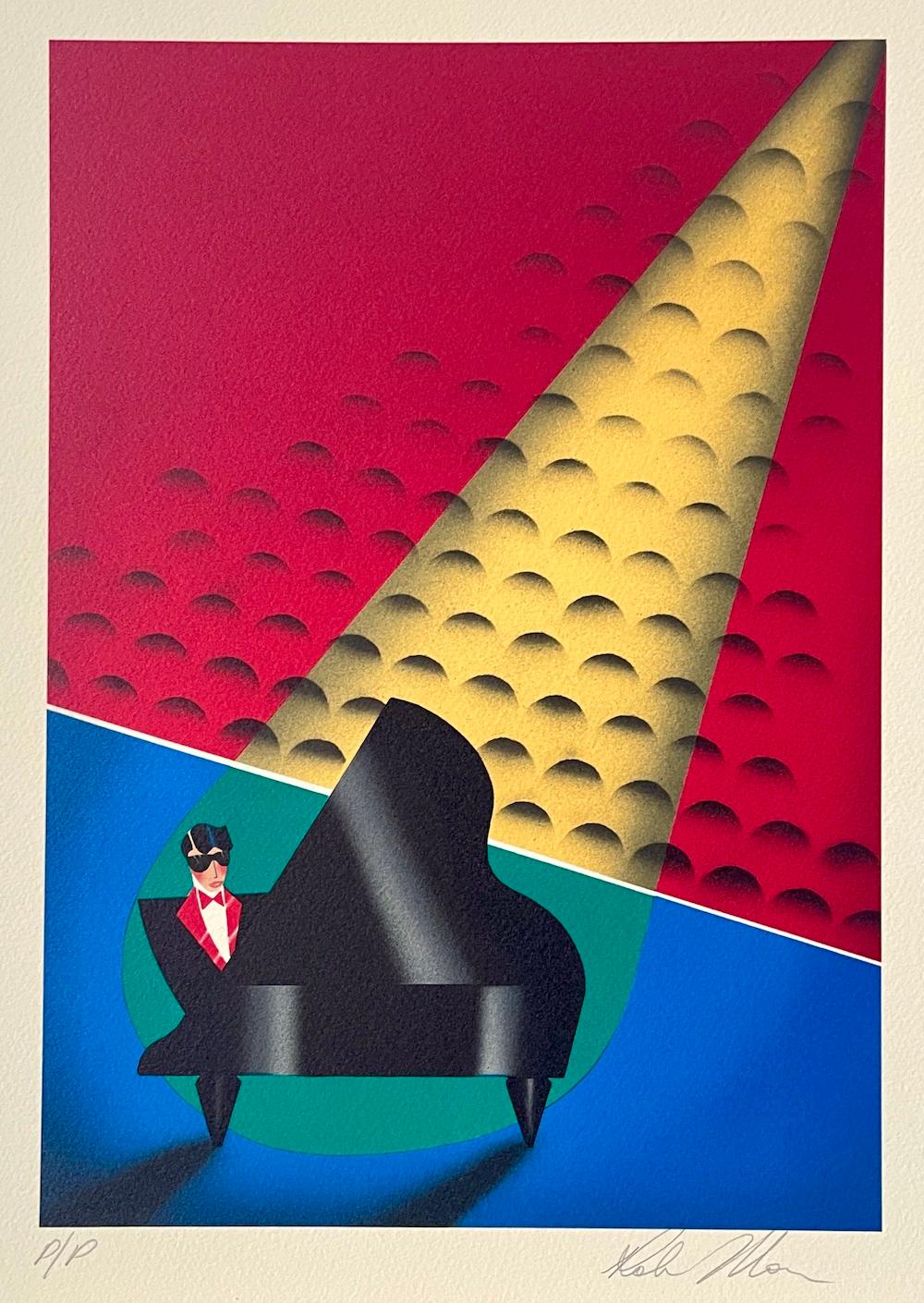 SPOTLIGHT Signed Lithograph, Man in Tux Playing Grand Piano, Art Deco  - Print by Robin Morris
