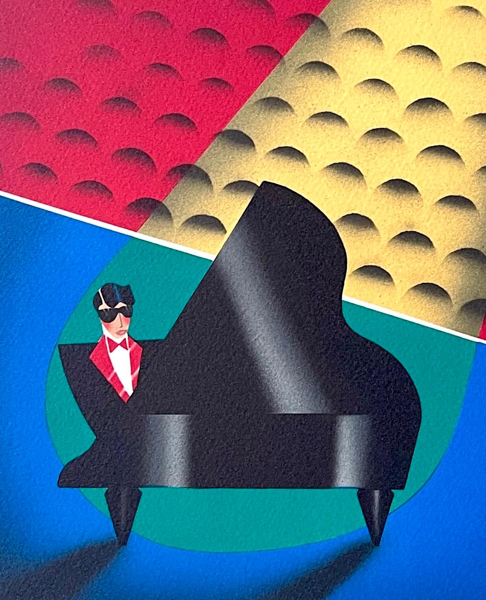 Litografia firmata SPOTLIGHT, Uomo in smoking che suona il pianoforte a coda, Art Deco - Figurative Print Bianco di Robin Morris