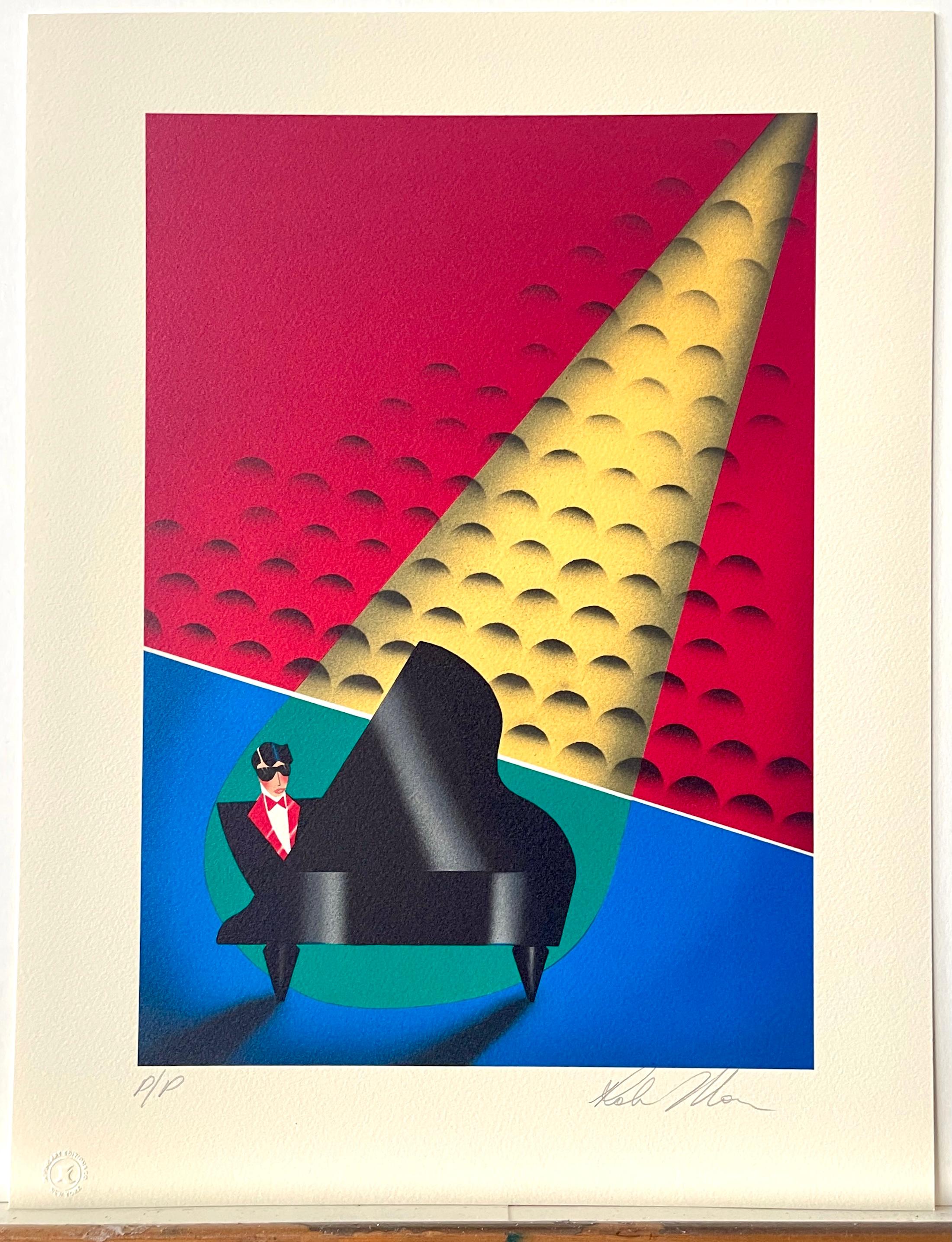 SPOTLIGHT Signed Lithograph, Man in Tux Playing Grand Piano, Art Deco For Sale 2