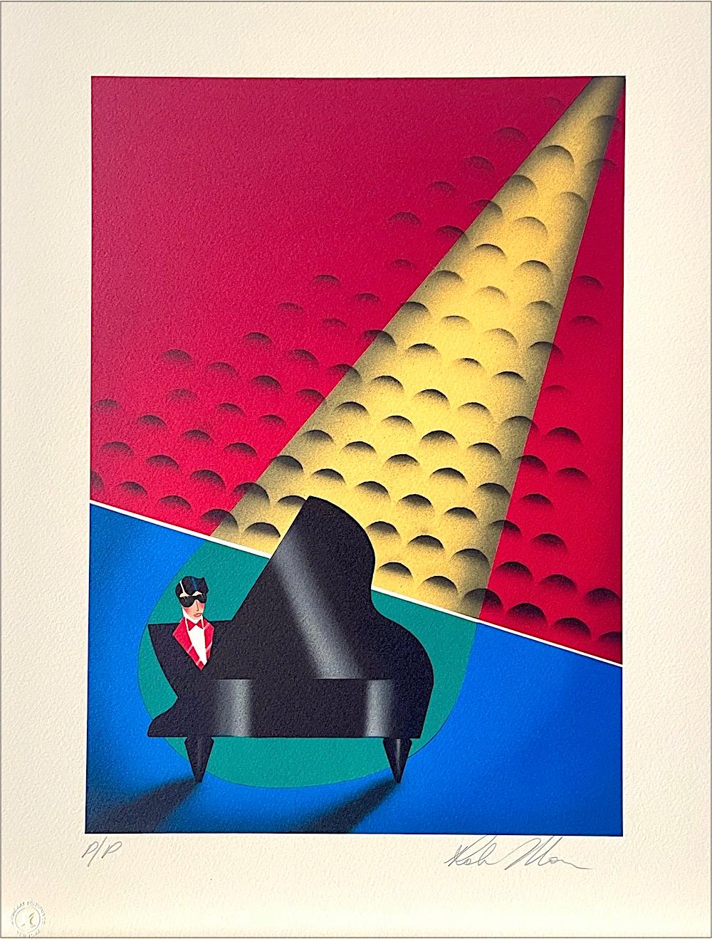Figurative Print di Robin Morris - Litografia firmata SPOTLIGHT, Uomo in smoking che suona il pianoforte a coda, Art Deco