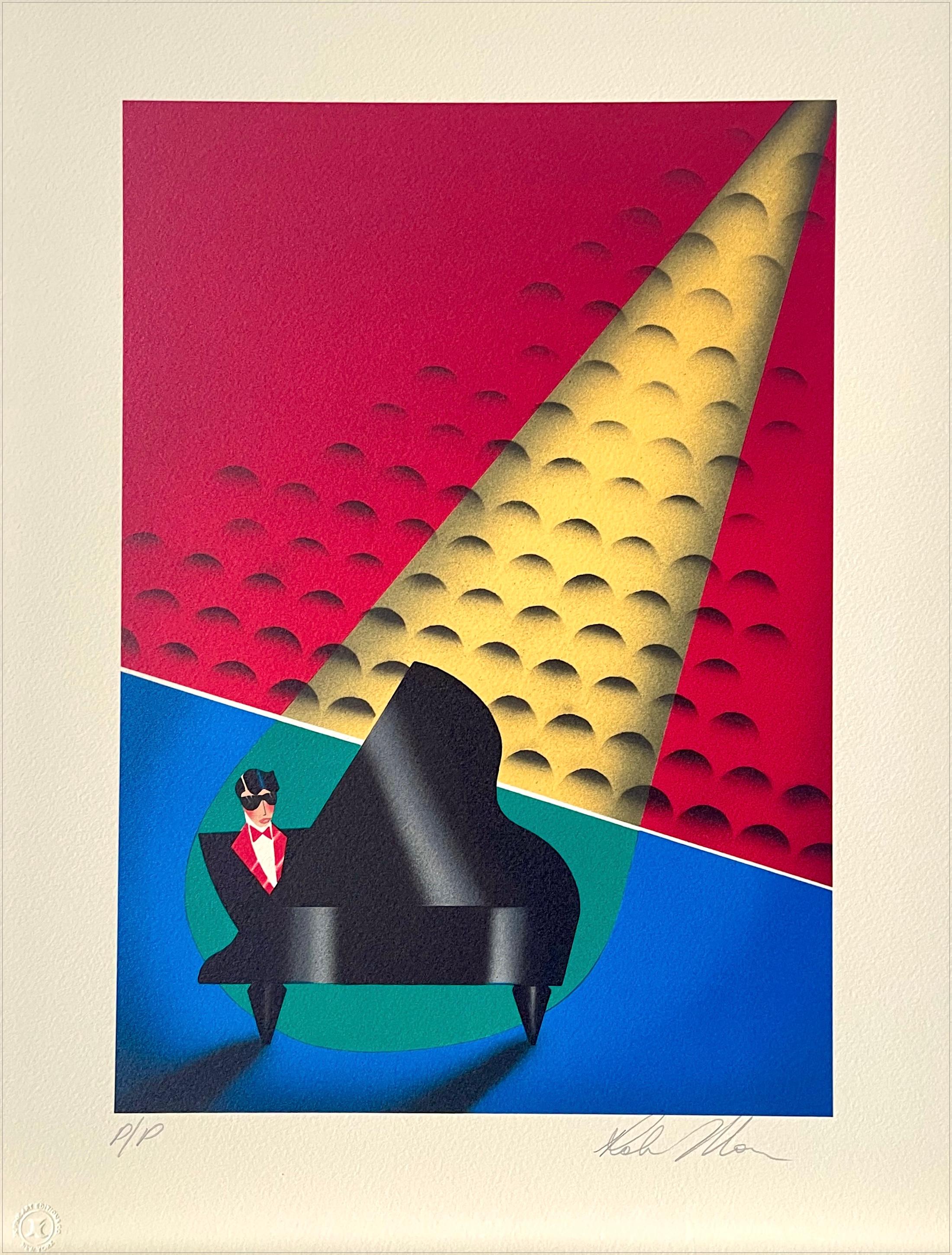 Robin Morris Figurative Print - SPOTLIGHT Signed Lithograph, Man in Tux Playing Grand Piano, Art Deco