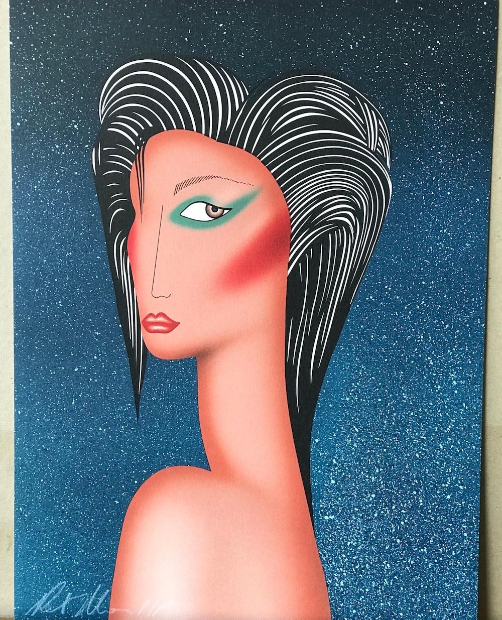 SULTRY Signed Original Lithograph, Female Portrait, Slicked Back Hairstyle - Blue Portrait Print by Robin Morris