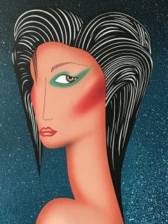 SULTRY Signed Original Lithograph, Female Portrait, Slicked Back Hairstyle