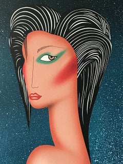 SULTRY Signed Original Lithograph, Modern Female Portrait, Slicked Back Hair