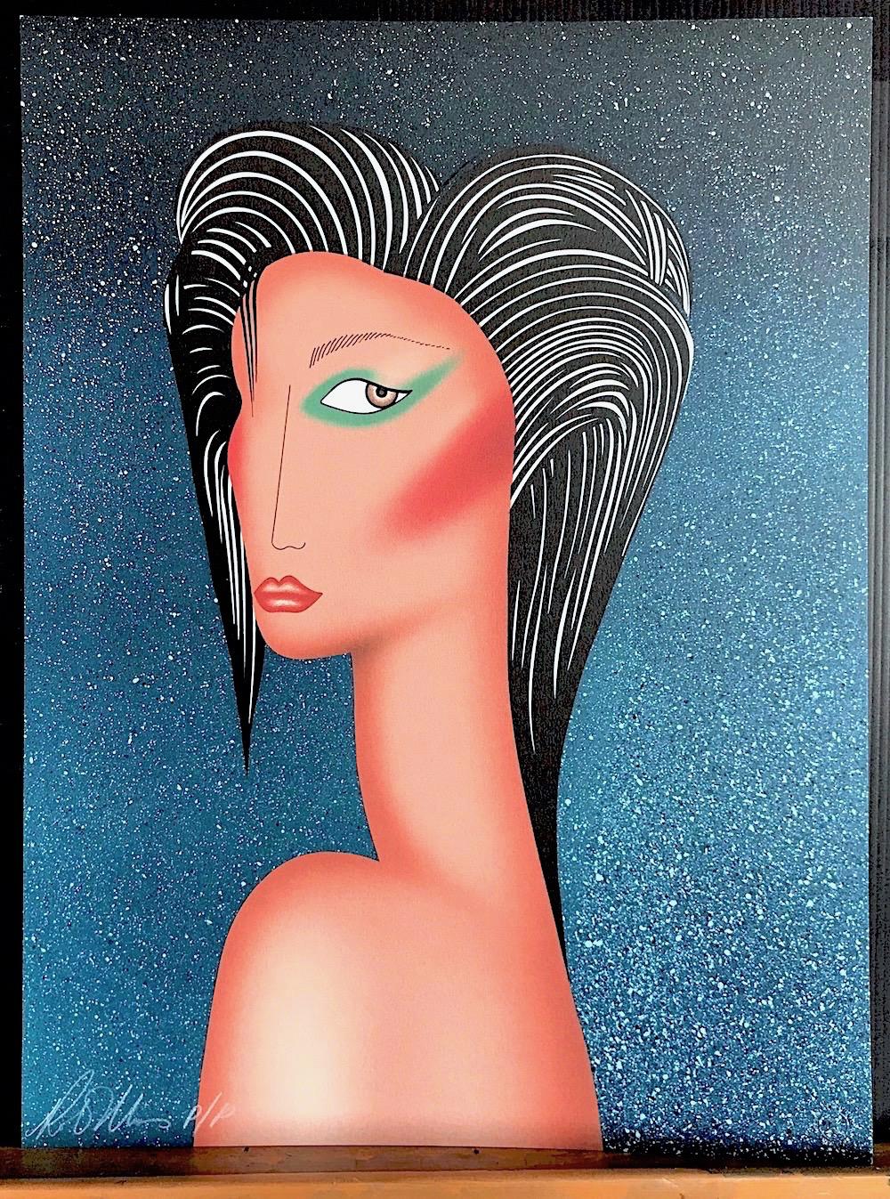 SULTRY Signierte Originallithographie, modernes weibliches Porträt, Haar mit geschliffenem Rücken (Blau), Portrait Print, von Robin Morris