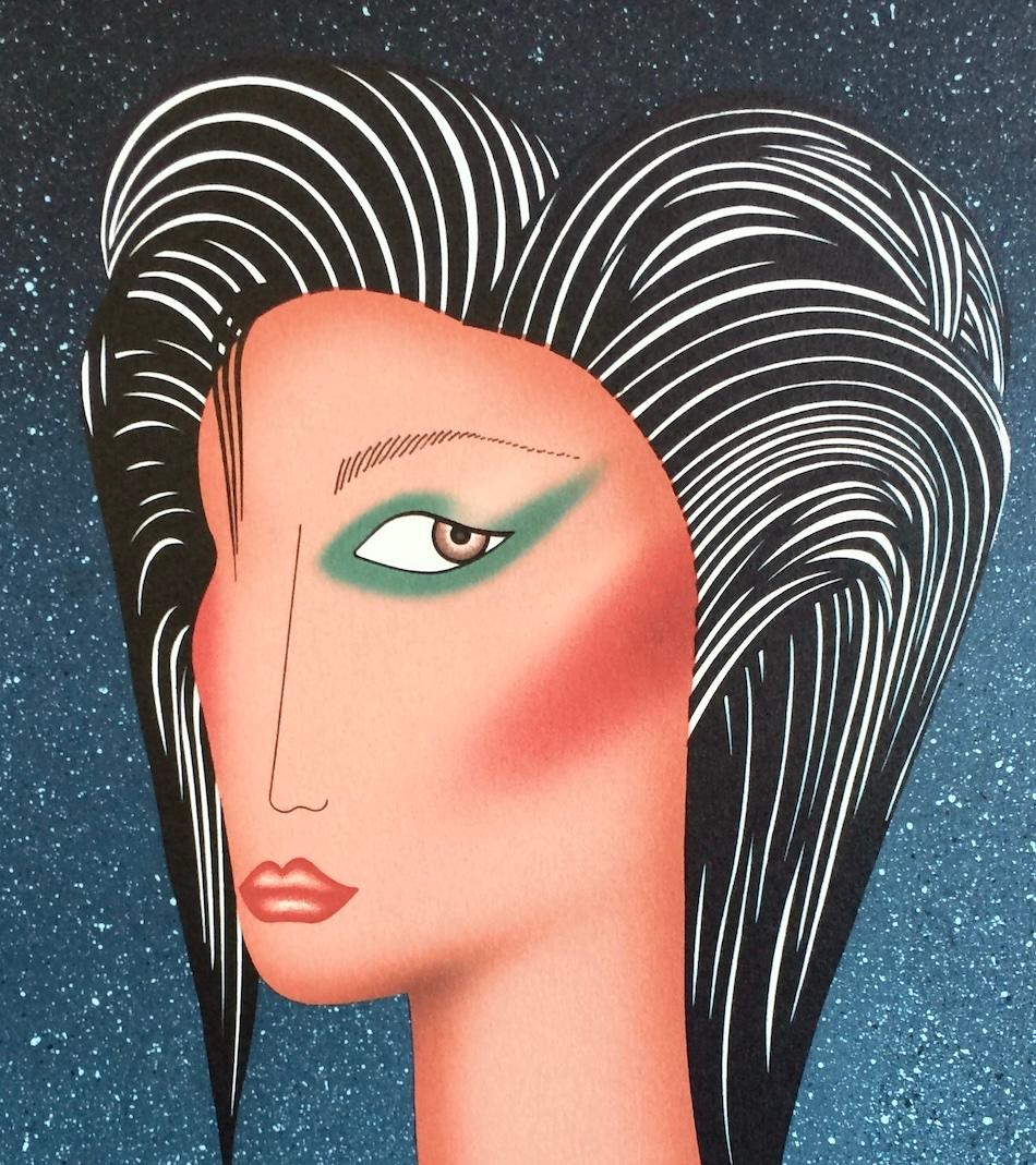 SULTRY Litografía original firmada, Retrato femenino moderno, Pelo peinado hacia atrás - Print de Robin Morris