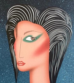 SULTRY Signed Lithograph 1989 Contemporary Female Portrait, Slicked Back Hair
