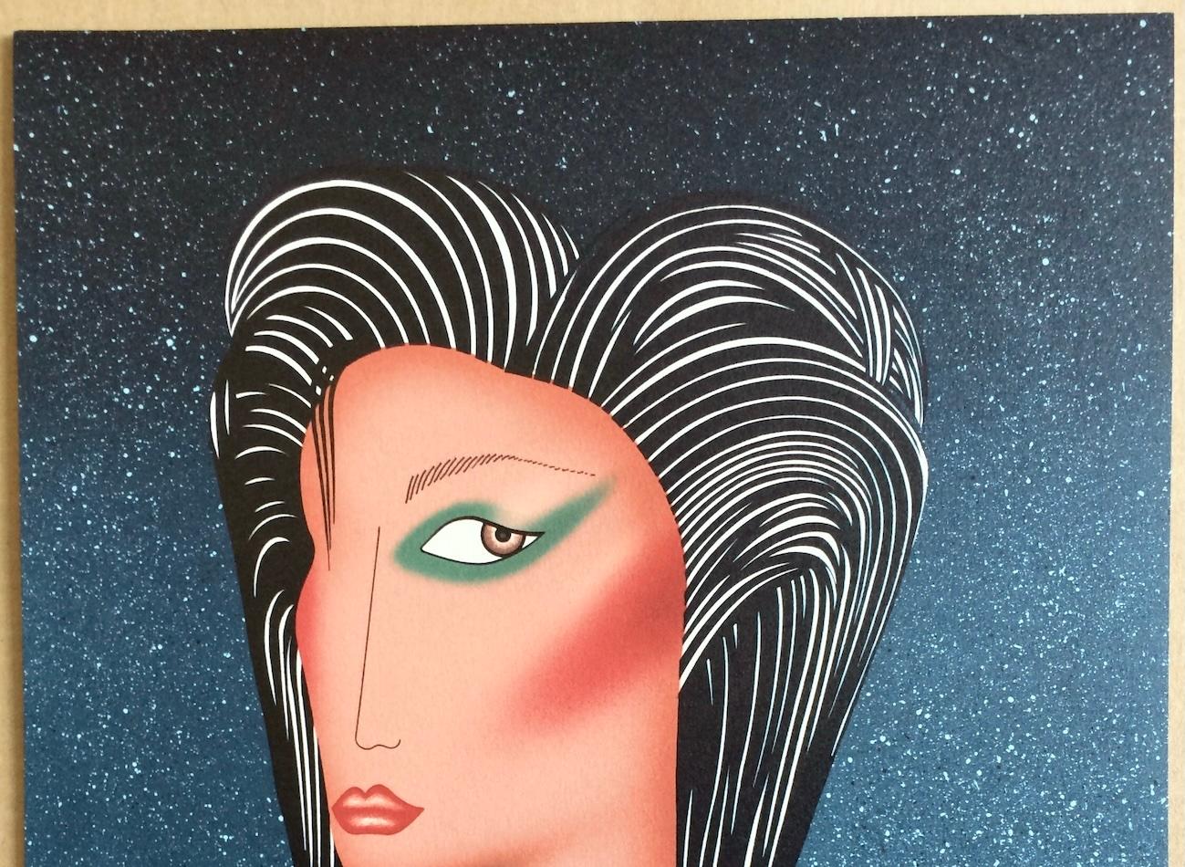 SULTRY, de la artista Robin Morris, es una litografía original de edición limitada impresa con técnicas litográficas manuales sobre papel de archivo Coventry Rag, 100% libre de ácido. SULTRY es un seductor retrato femenino de una mujer a la moda que