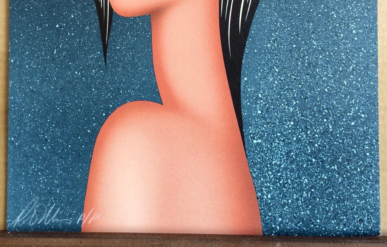 SULTRY Litografía original firmada, Retrato femenino moderno, Pelo peinado hacia atrás en venta 1