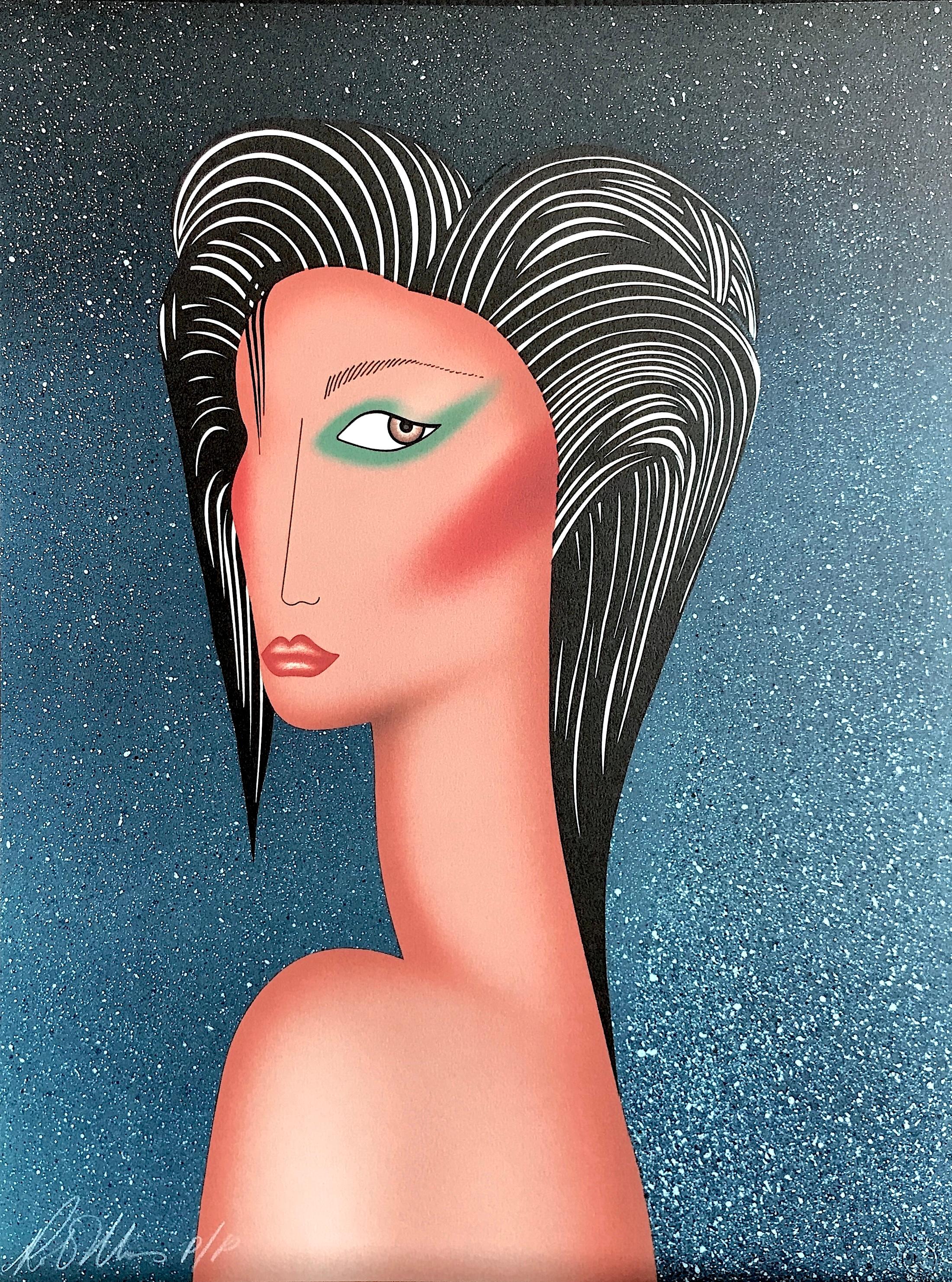 SULTRY Signed Original Lithograph, Modern Female Portrait, Slicked Back Hair