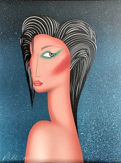 SULTRY Signed Original Lithograph, Modern Female Portrait, Slicked Back Hair