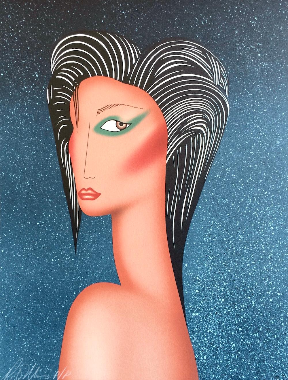Portrait Print de Robin Morris - SULTRY Litografía original firmada, Retrato femenino moderno, Pelo peinado hacia atrás