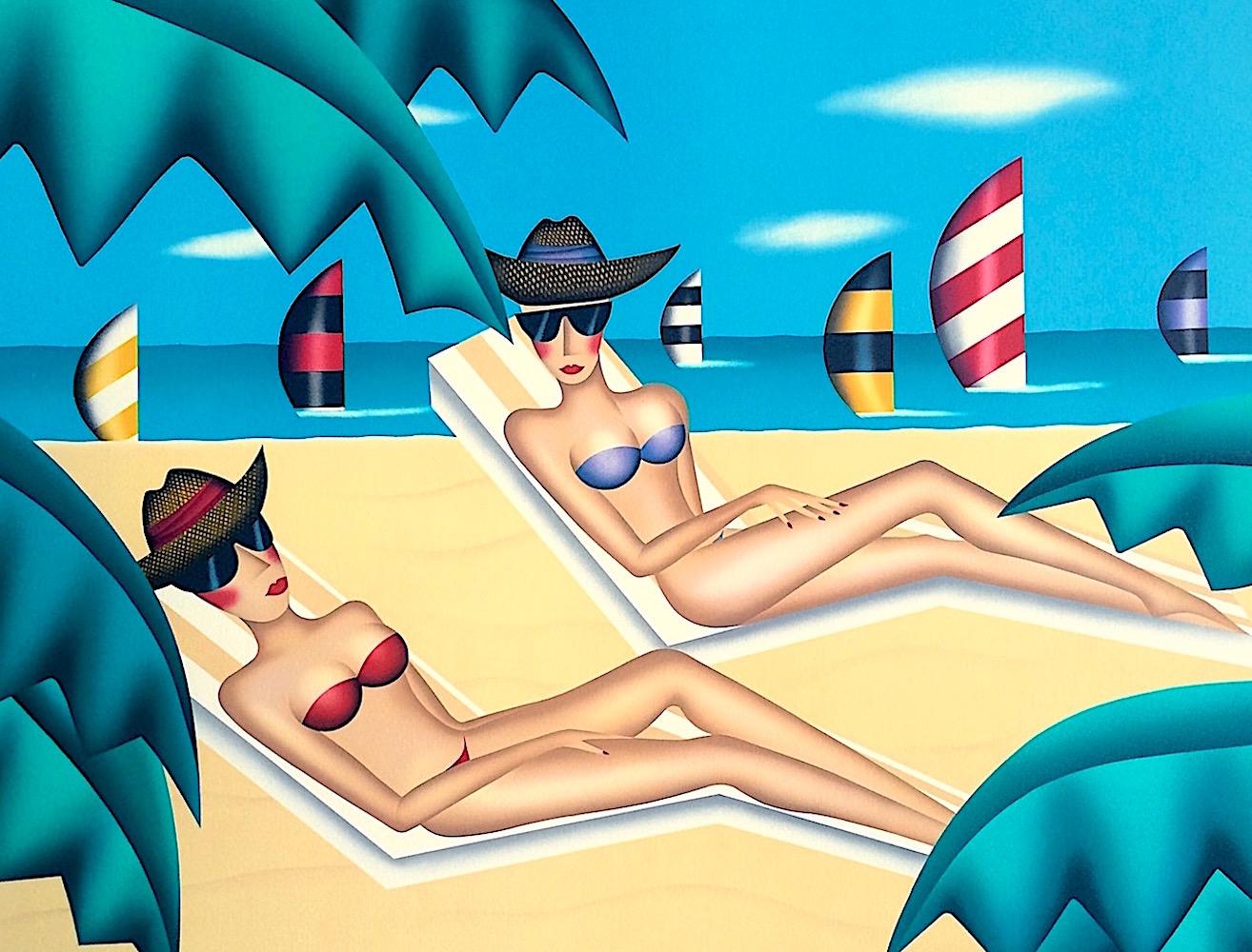 SUNBATHERS Signierte Lithographie, Frauen im Bikinis, Sonnenbrille, Strand, Segelboote – Print von Robin Morris