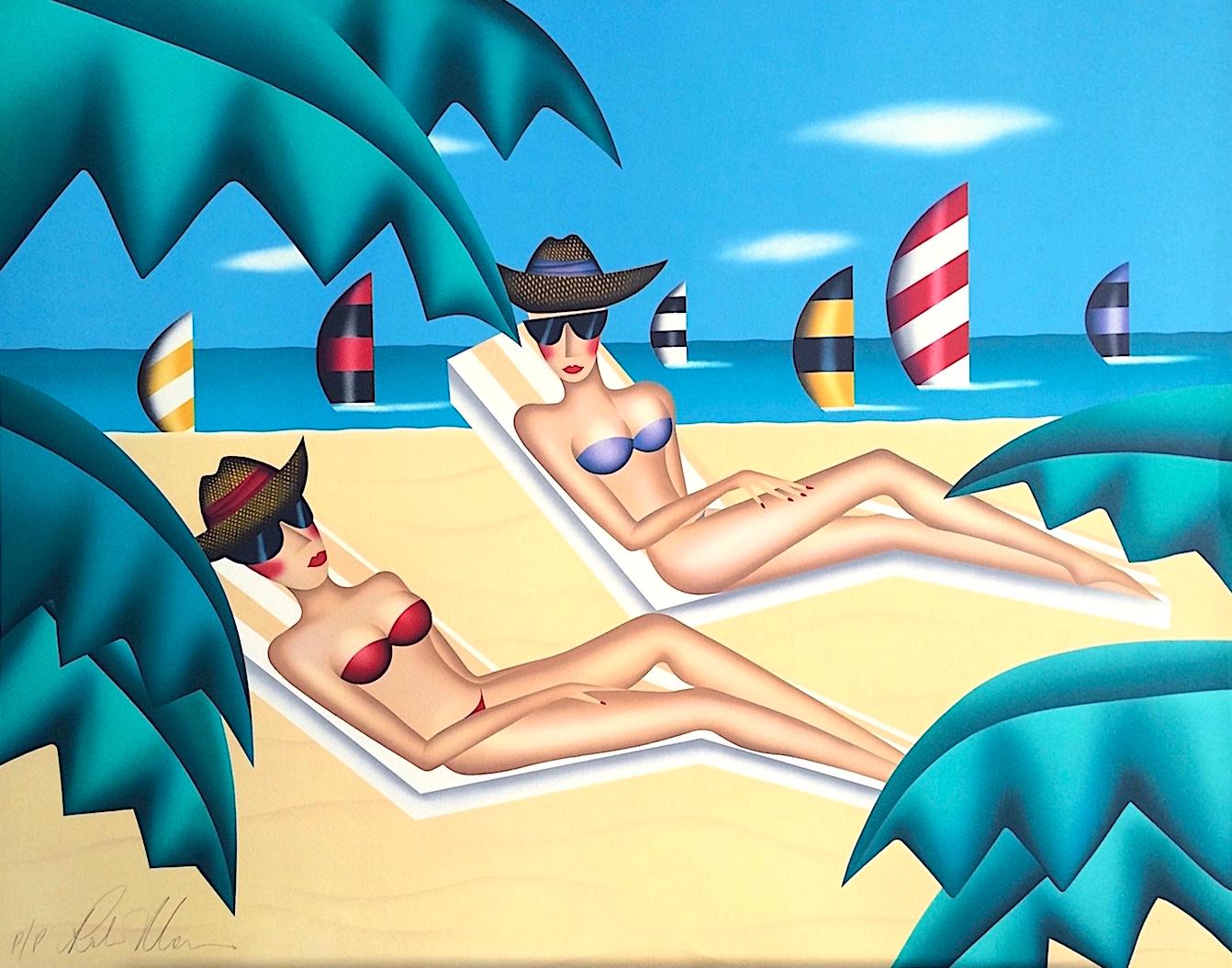 Robin Morris Landscape Print – SUNBATHERS Signierte Lithographie, Frauen im Bikinis, Sonnenbrille, Strand, Segelboote