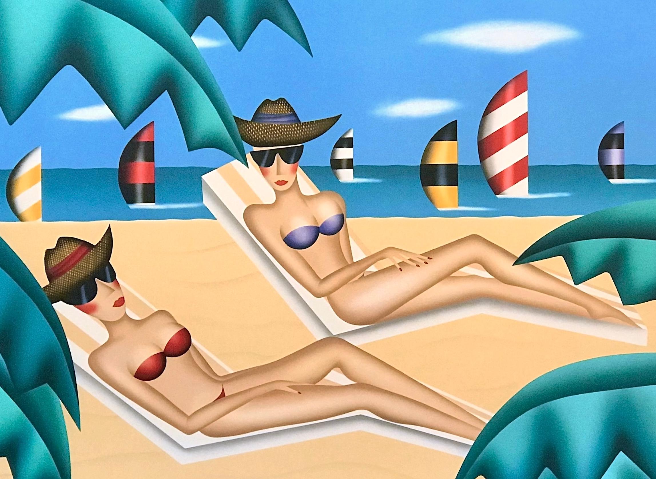 SUNBATHERS Lithographie signée, femmes en bikini, lunettes de soleil, plage, voiliers - Print de Robin Morris