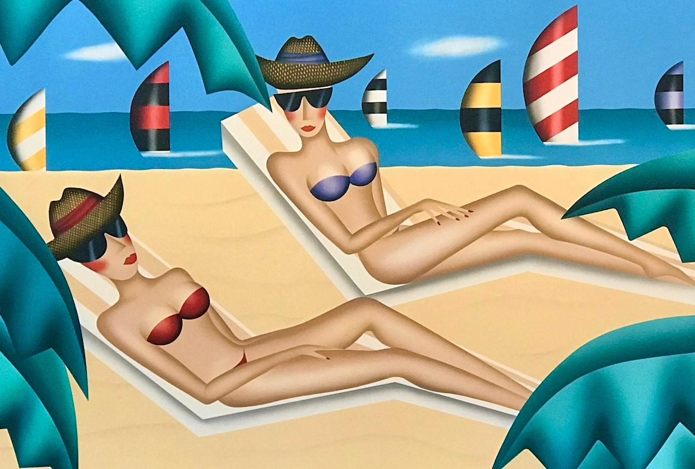 BAÑADORES DEL SOL Litografía firmada, Mujeres en bikini, gafas de sol, playa, veleros en venta 1