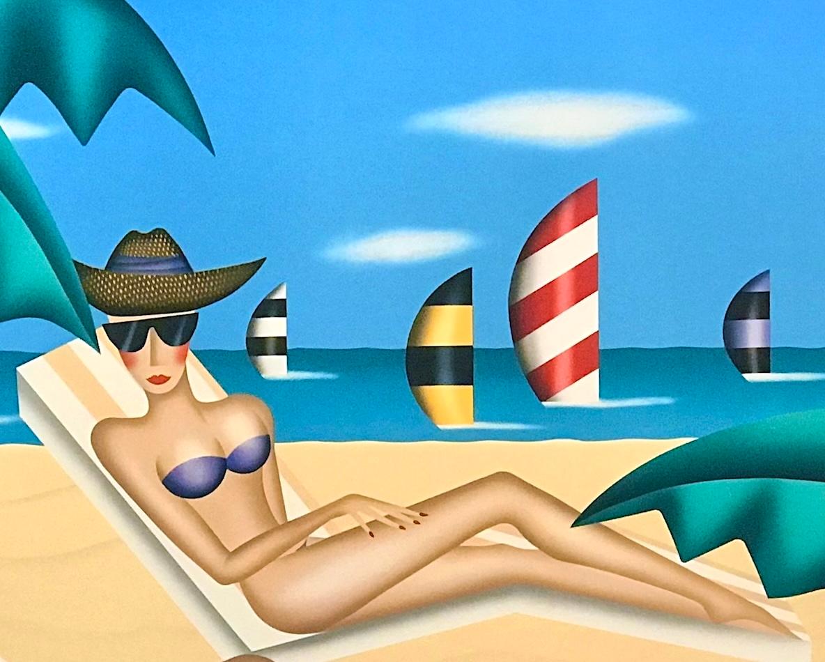 BAÑADORES DEL SOL Litografía firmada, Mujeres en bikini, gafas de sol, playa, veleros en venta 2