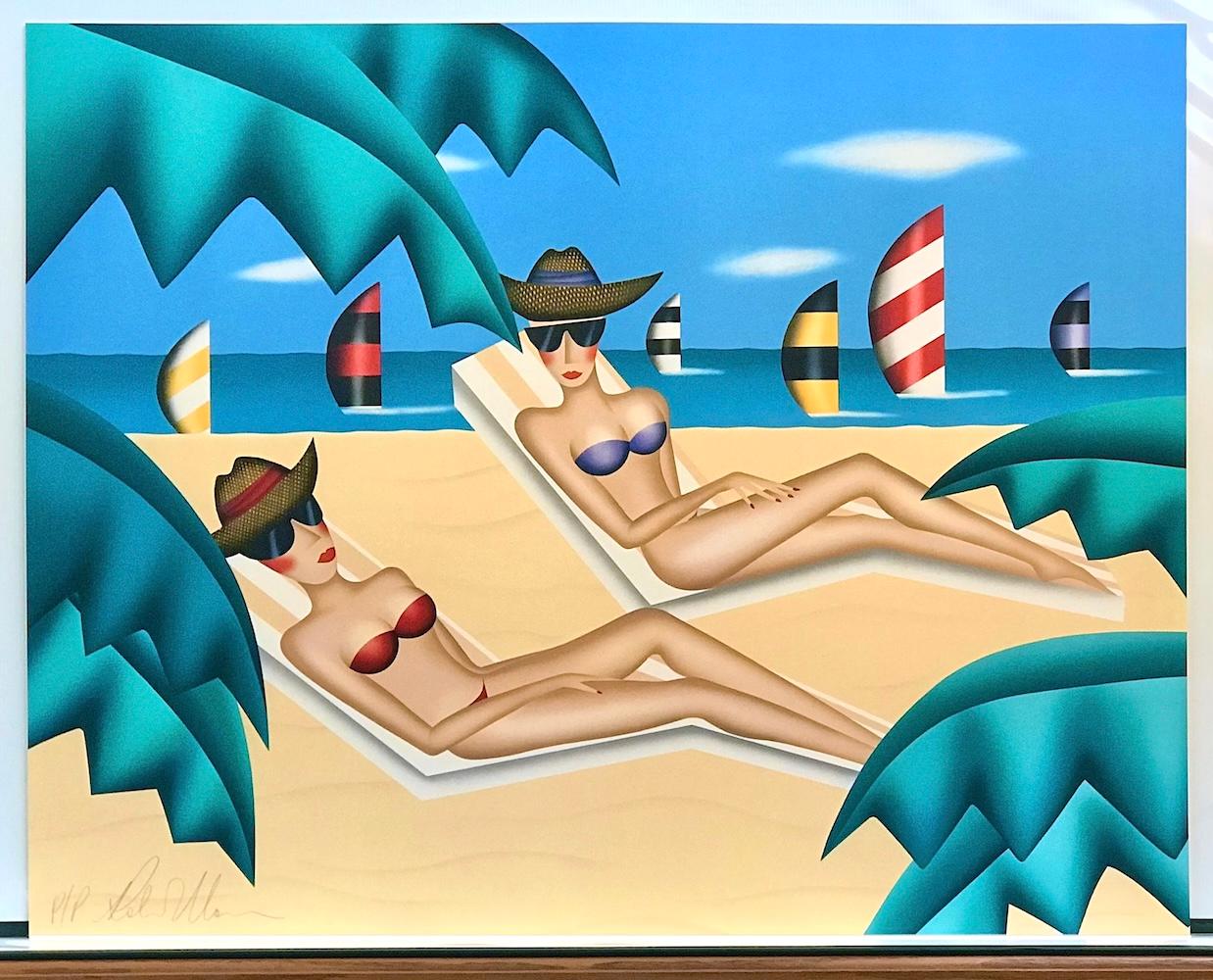 BAÑADORES DEL SOL Litografía firmada, Mujeres en bikini, gafas de sol, playa, veleros en venta 3