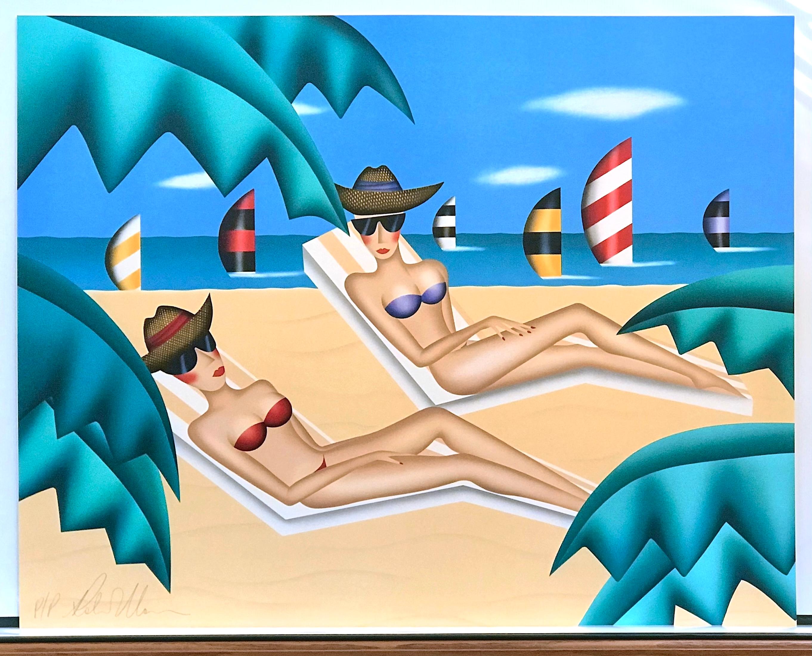 SUNBATHERS Lithographie signée, femmes en bikini, lunettes de soleil, plage, voiliers en vente 3