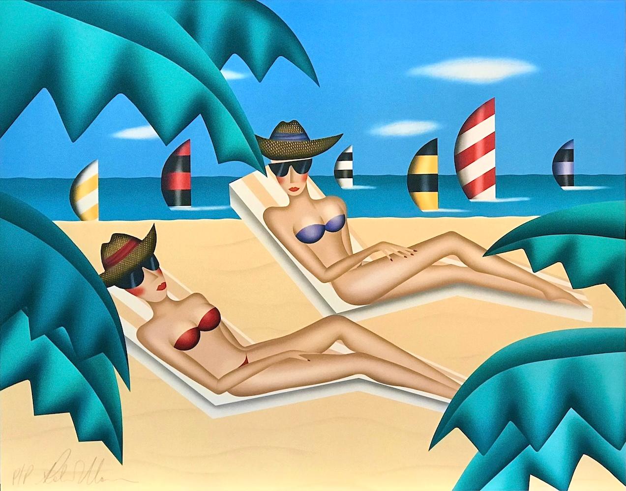 SUNBATHERS Litografia firmata, Donne in bikini, occhiali da sole, spiaggia, barche a vela