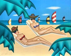 SUNBATHERS Signed Lithograph, Women in Bikinis, Sunglasses, Beach, Sailboats