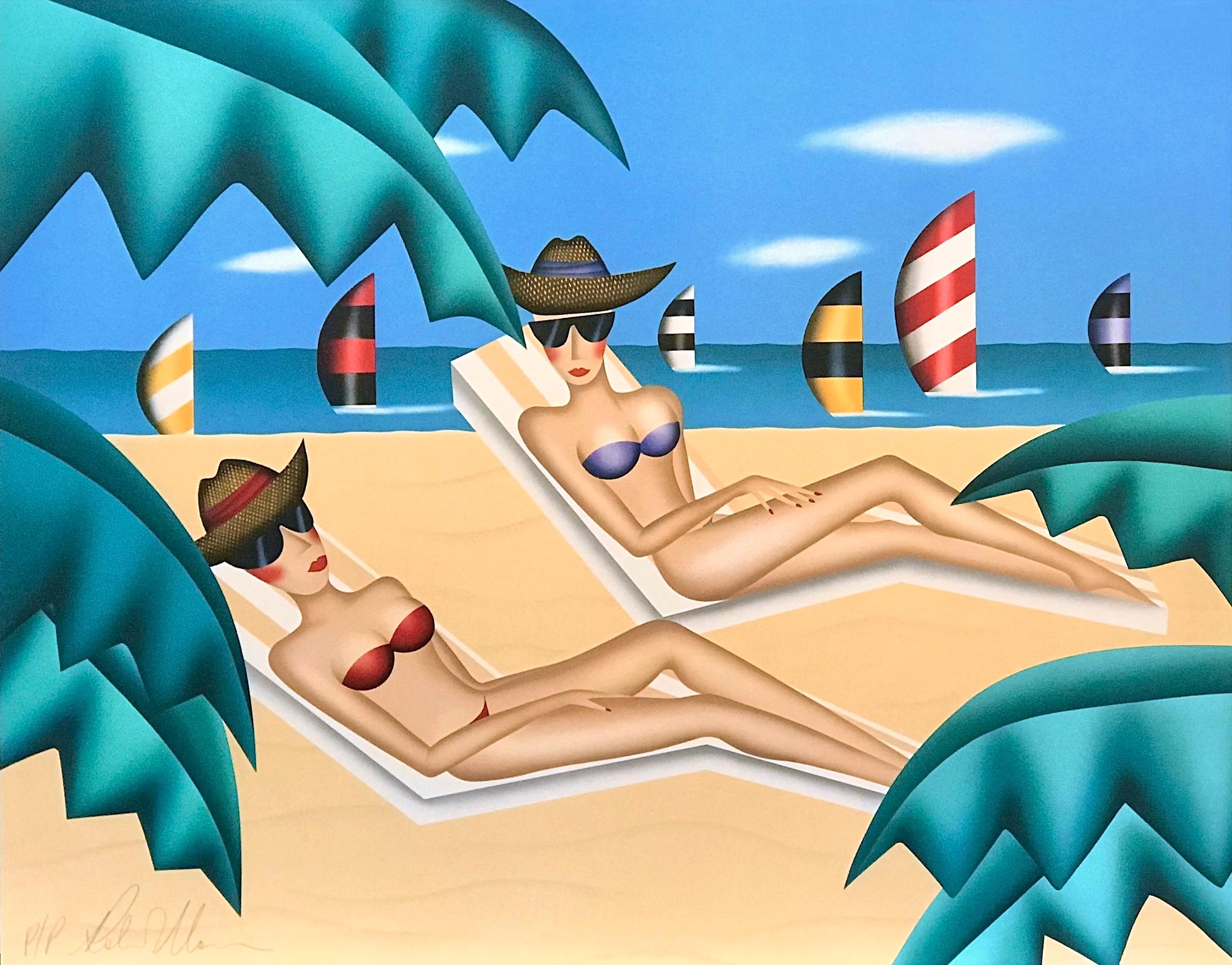 SUNBATHERS Lithographie signée, femmes en bikini, lunettes de soleil, plage, voiliers