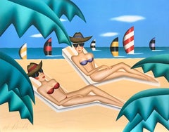 SUNBATHERS Lithographie signée, femmes en bikini, lunettes de soleil, plage, voiliers