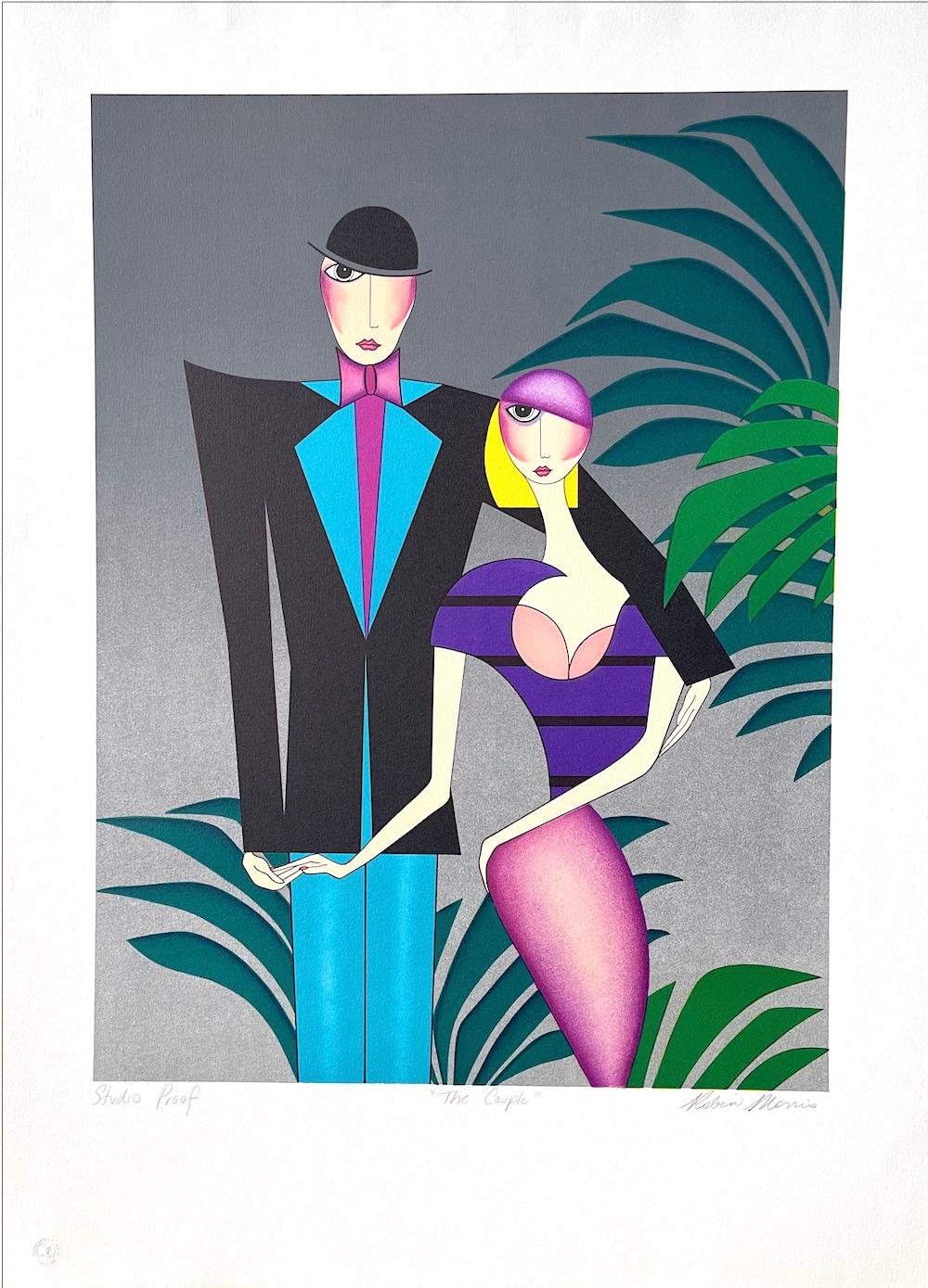 THE COUPLE Signed Lithograph, Art Deco Couple Portrait, 1920’s Flapper Fashion - Print by Robin Morris