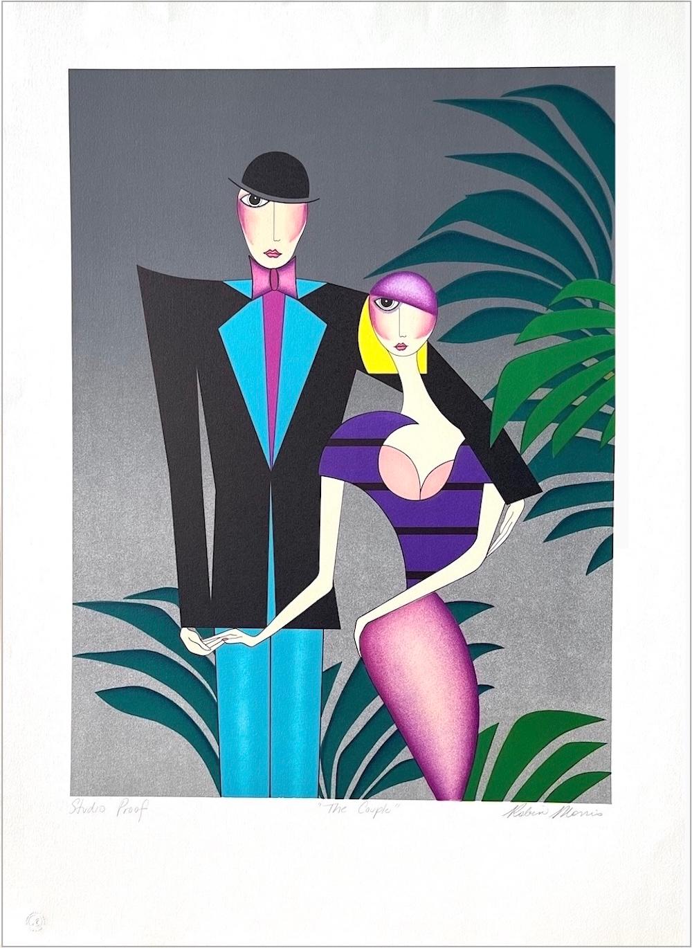 LA PAREJA Litografía firmada, Retrato de pareja Art Decó, Moda Flapper de los años 20 - Print de Robin Morris
