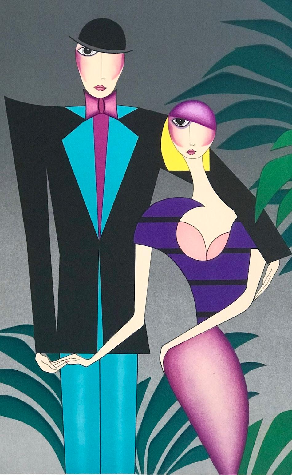 LA PAREJA Litografía firmada, Retrato de pareja Art Decó, Moda Flapper de los años 20 - Portrait Print Gris de Robin Morris