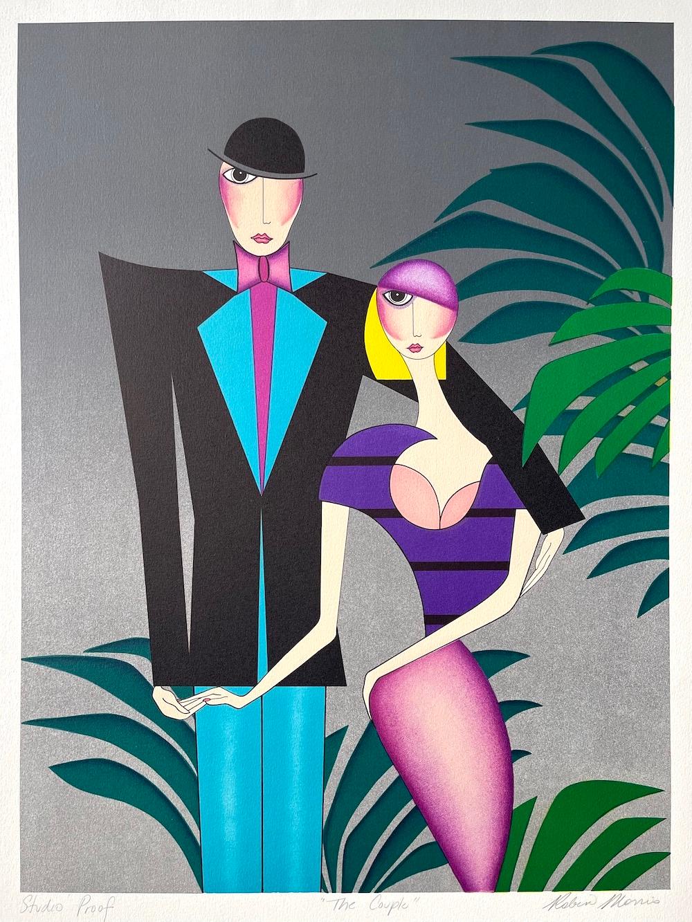 THE COUPLE Signierte Lithographie, Art Deco Pärchenportrait, 1920er Flapper Mode