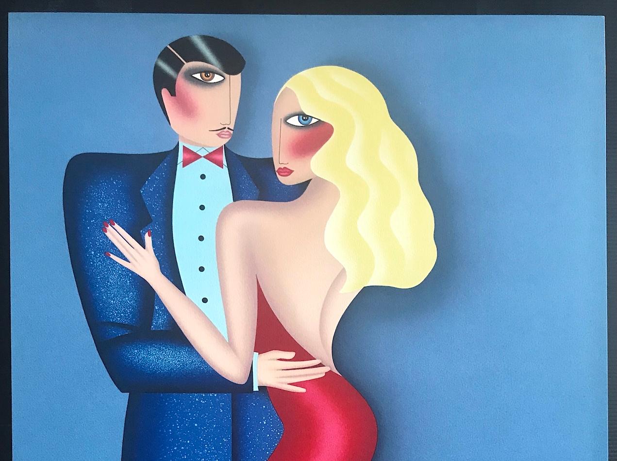 EL BAILE Litografía firmada, Pareja bailando, Suelo de damero, Estilo Deco en venta 2