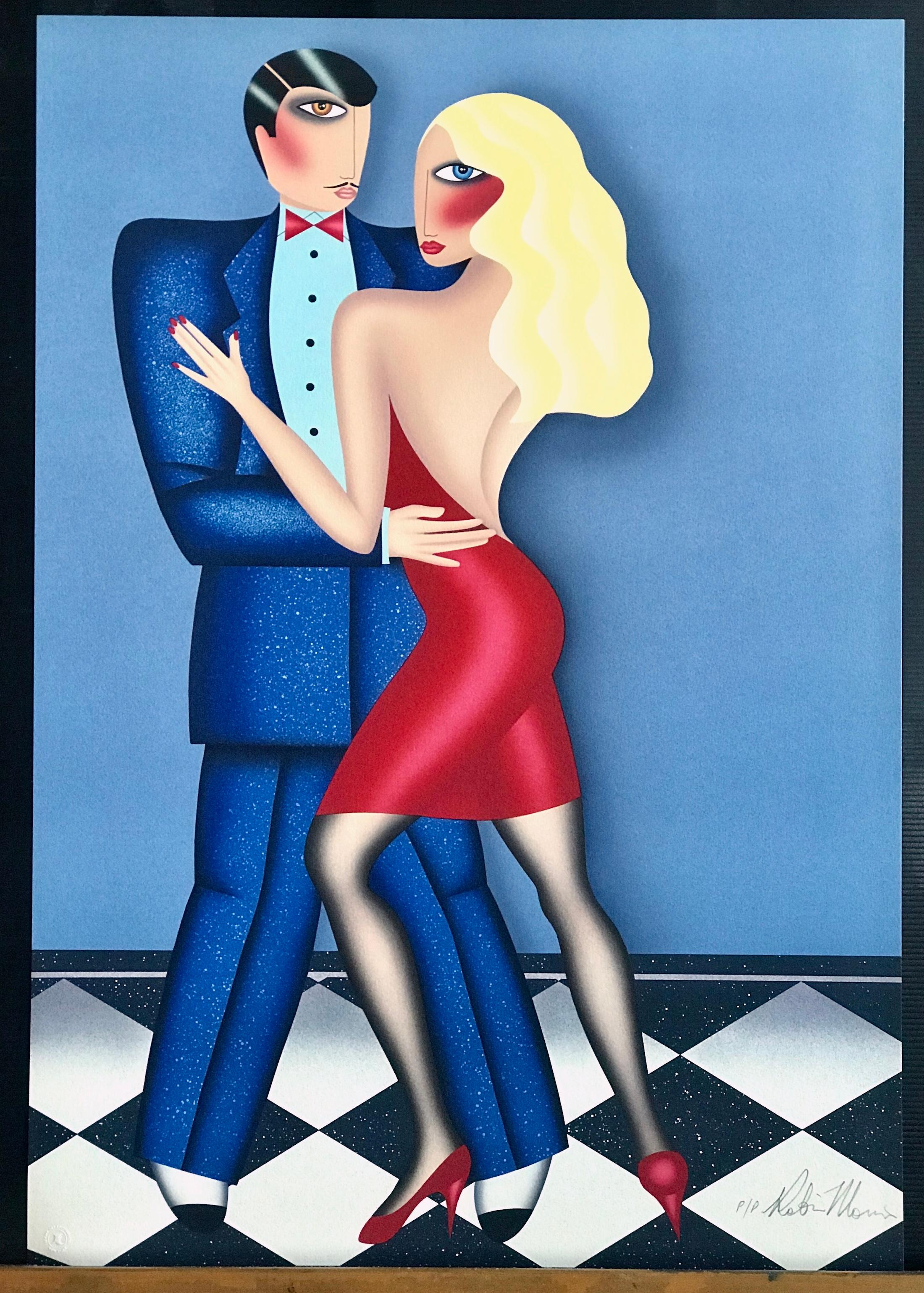 Lithographie signée THE DANCE, deux danseurs dansant, sol en damier, style déco en vente 3