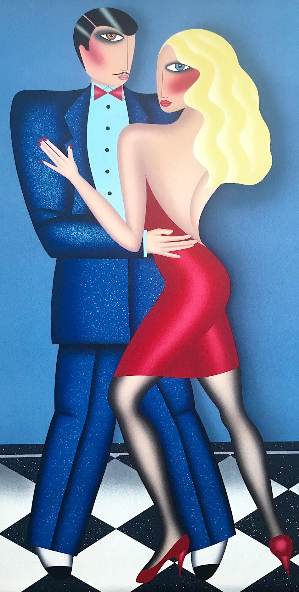 EL BAILE Litografía firmada, Pareja bailando, Suelo de damero, Estilo Deco - Interior Print Azul de Robin Morris