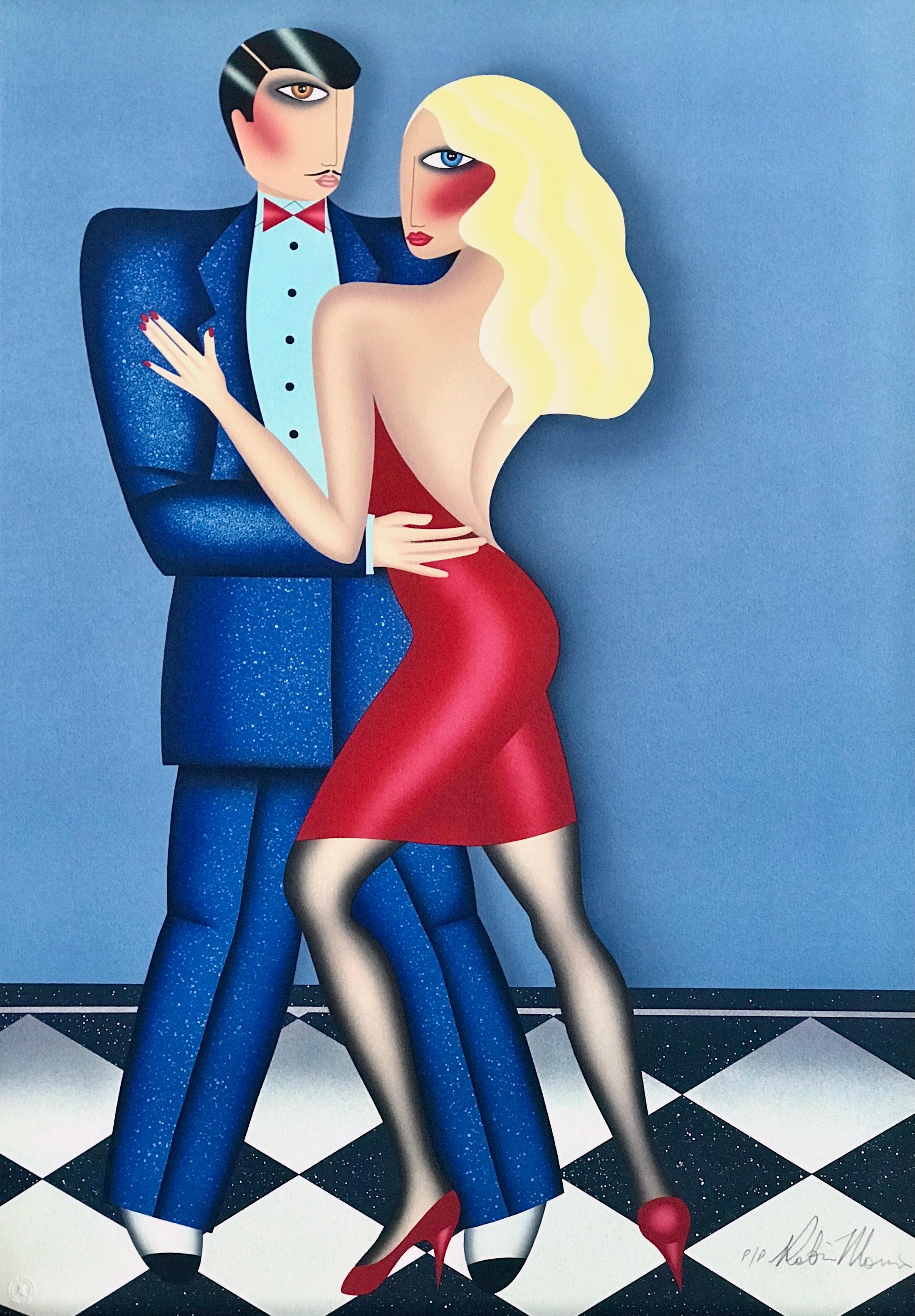 THE DANCE Signed Lithograph, Couple Dancing, Checkerboard Floor, Deco Style