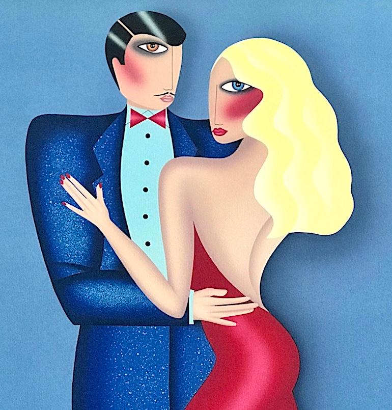 THE DANCE Signed Lithograph, Couple Dancing, Long Wavy Blonde Hair, Red Dress - Print by Robin Morris