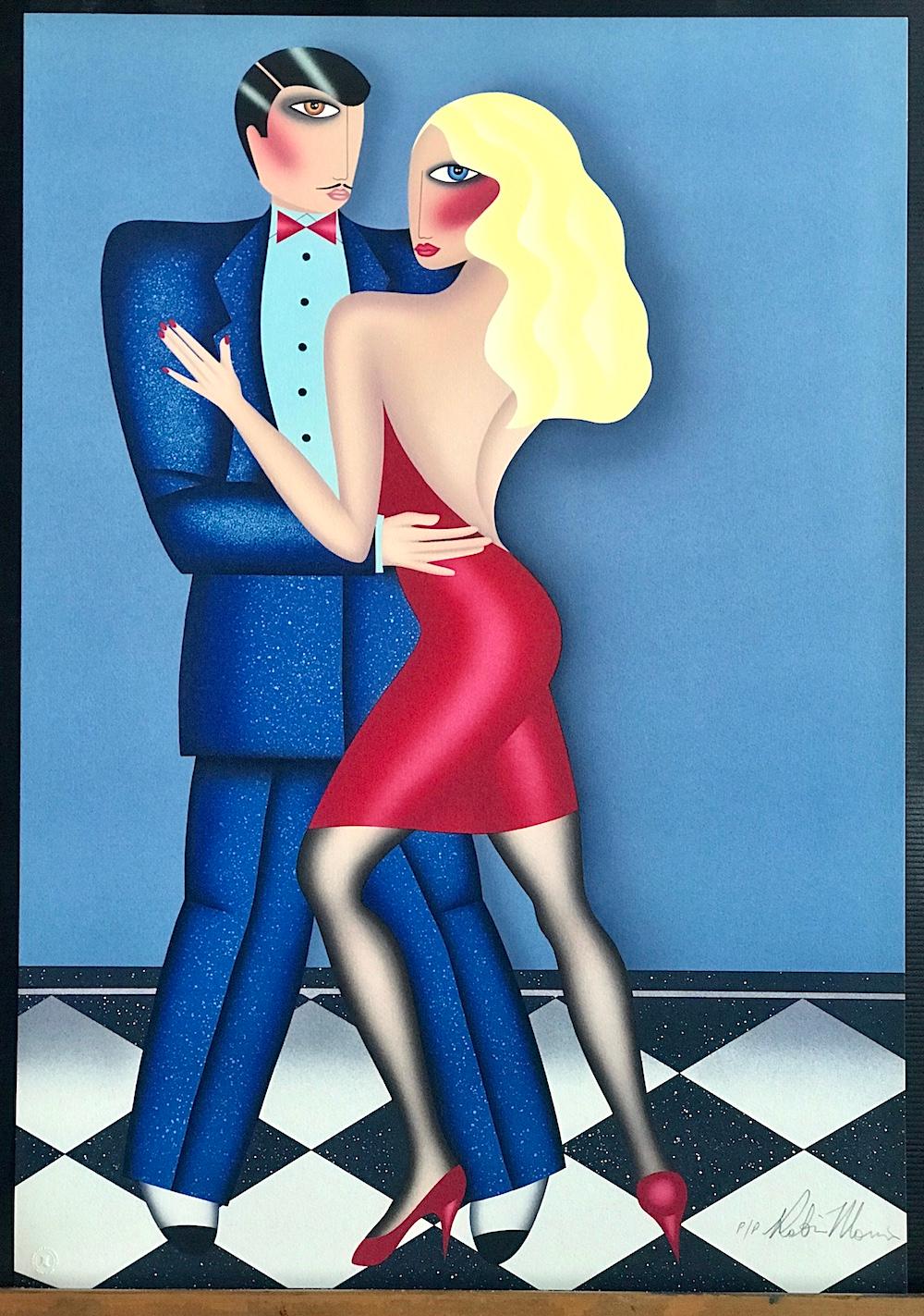 THE DANCE Signed Lithograph, Couple Dancing, Long Wavy Blonde Hair, Red Dress - Blue Portrait Print by Robin Morris