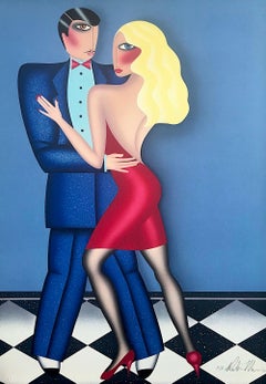 Retro THE DANCE Signed Lithograph, Couple Dancing, Long Wavy Blonde Hair, Red Dress