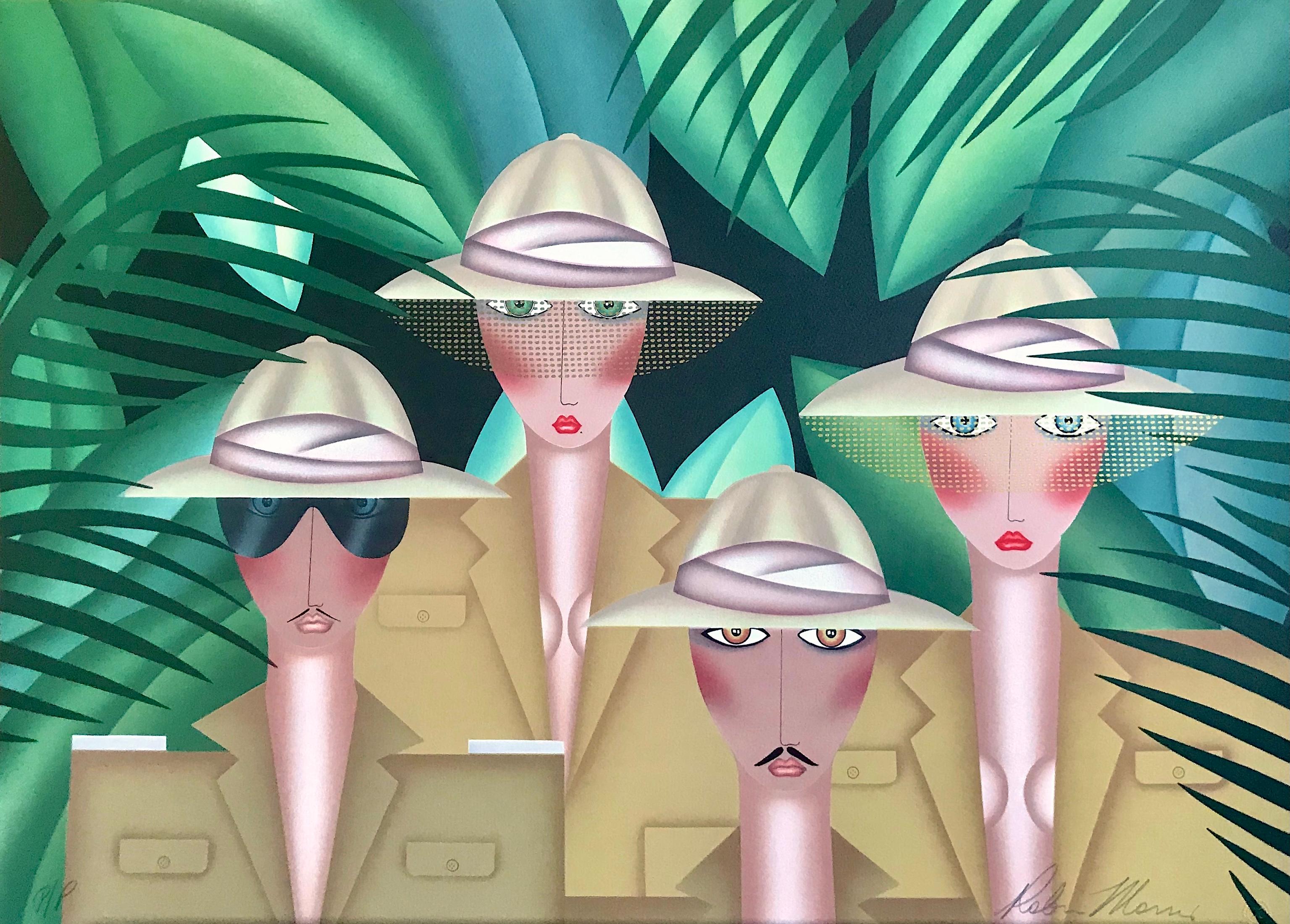 Robin Morris Figurative Print - THE EXPEDITION Signed Lithograph, Group Portrait, African Safari Tropical Jungle