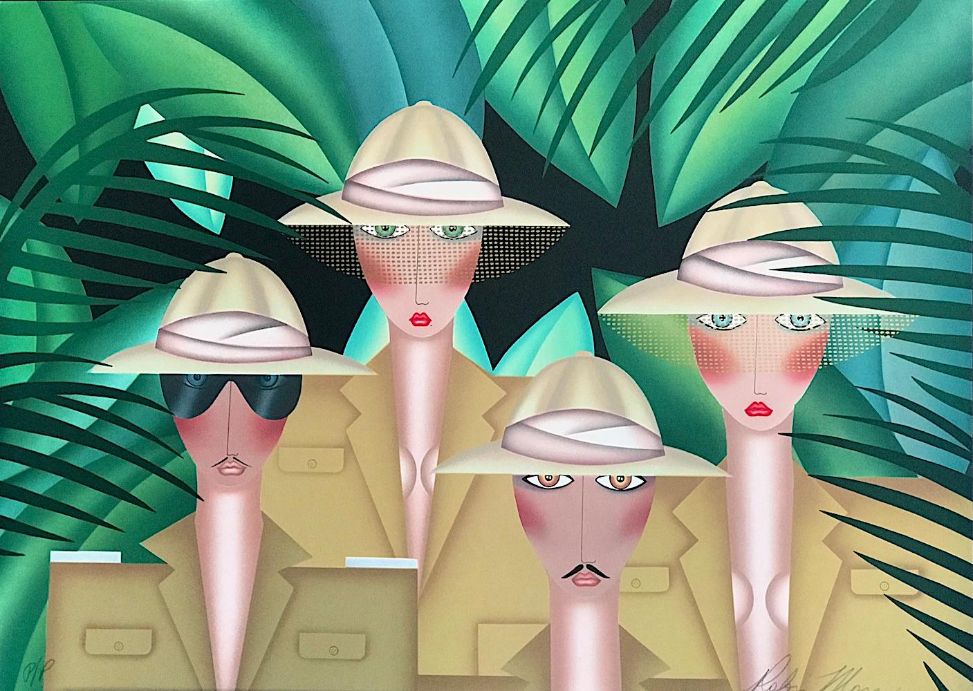 THE EXPEDITION Litografia firmata, Ritratto di gruppo, Safari africano, Jungling tropicale - Figurative Print Grigio di Robin Morris